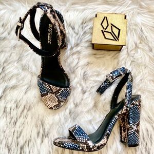 Nude / Blue Snakeskin Print Heels